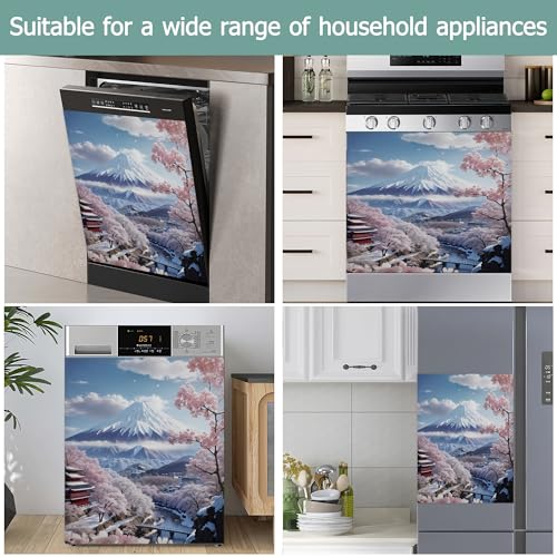 Image of Dishwasher Cover,Fuji Mountain Reusable Dishwasher Magnet Cover,Decorative Pink Cherry Blossom Magnetic Refrigerator Cover Front Panel Cover for Kitchen Decor 23x26 Inch