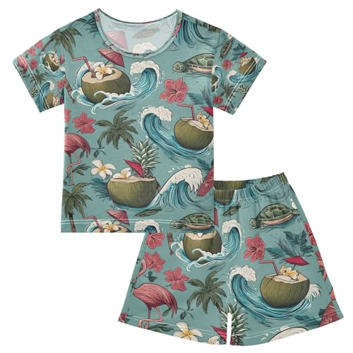 senya Flamingo Palm Coconut Wave Summer Pajamas Set Short Cotton Sleepwear 2 Piece