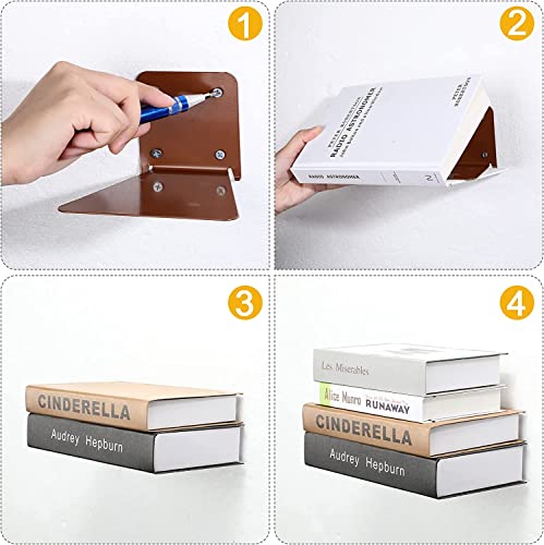 Image of ROLLYWARE Unique Design Invisible Bookshelf Metal Heavy Floating Book Shelf wall Mounted Shelf Holder Hanging Home Storage Rack for Home Wall Decoration (Hold Upto 10 Books per self) Brown,Pack of 3