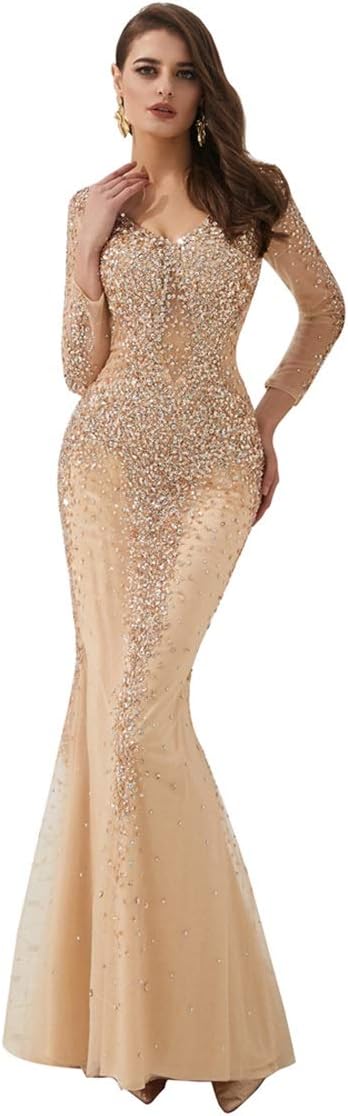 Lazacos Women's Shiny Sequined Beaded Prom Dress Long Sleeve Mermaid Evening Party Gown