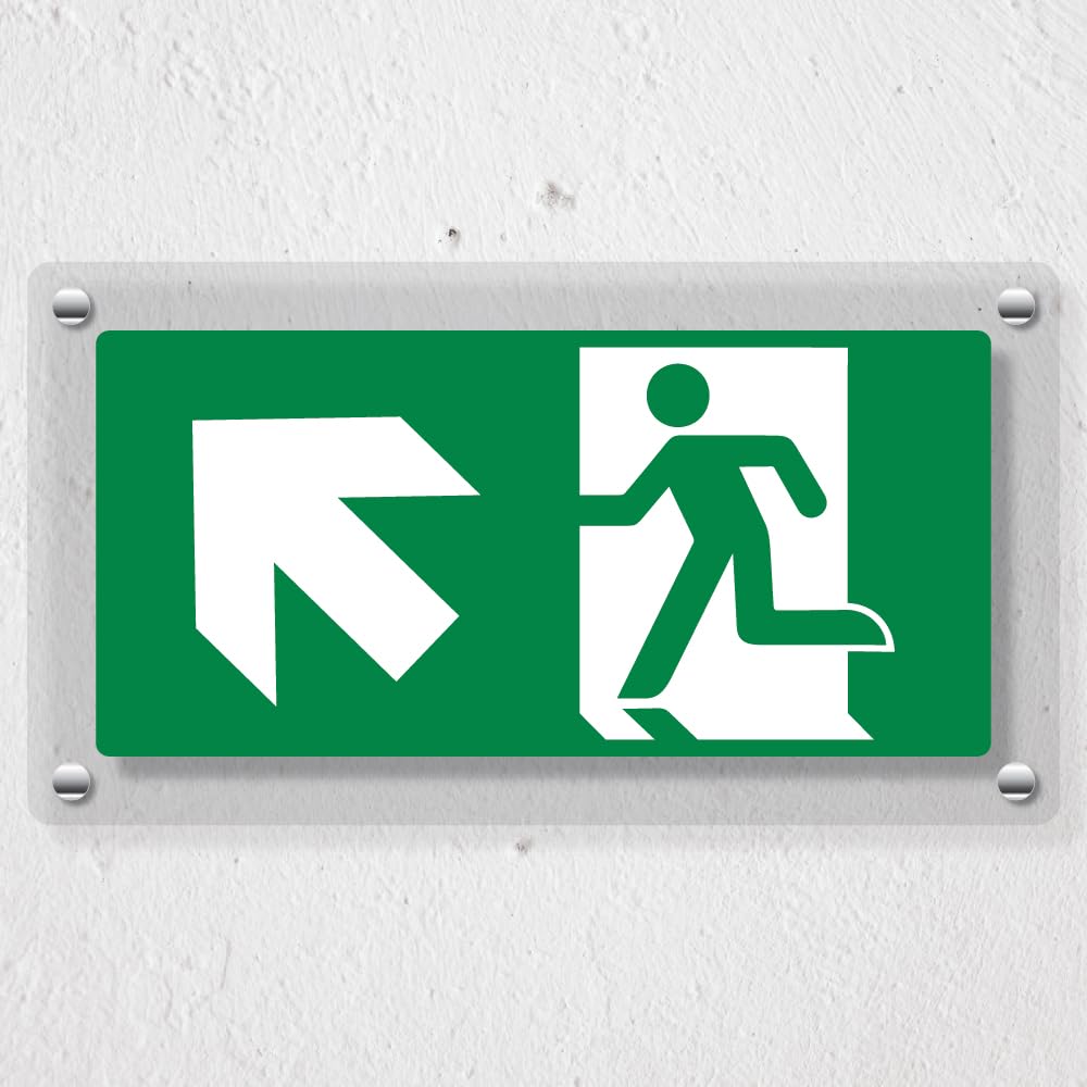 V Safety Fire Exit Man Running Up Left - 300 x 150 mm - Acrylic Perspex Cast Clear Safety Sign, Green