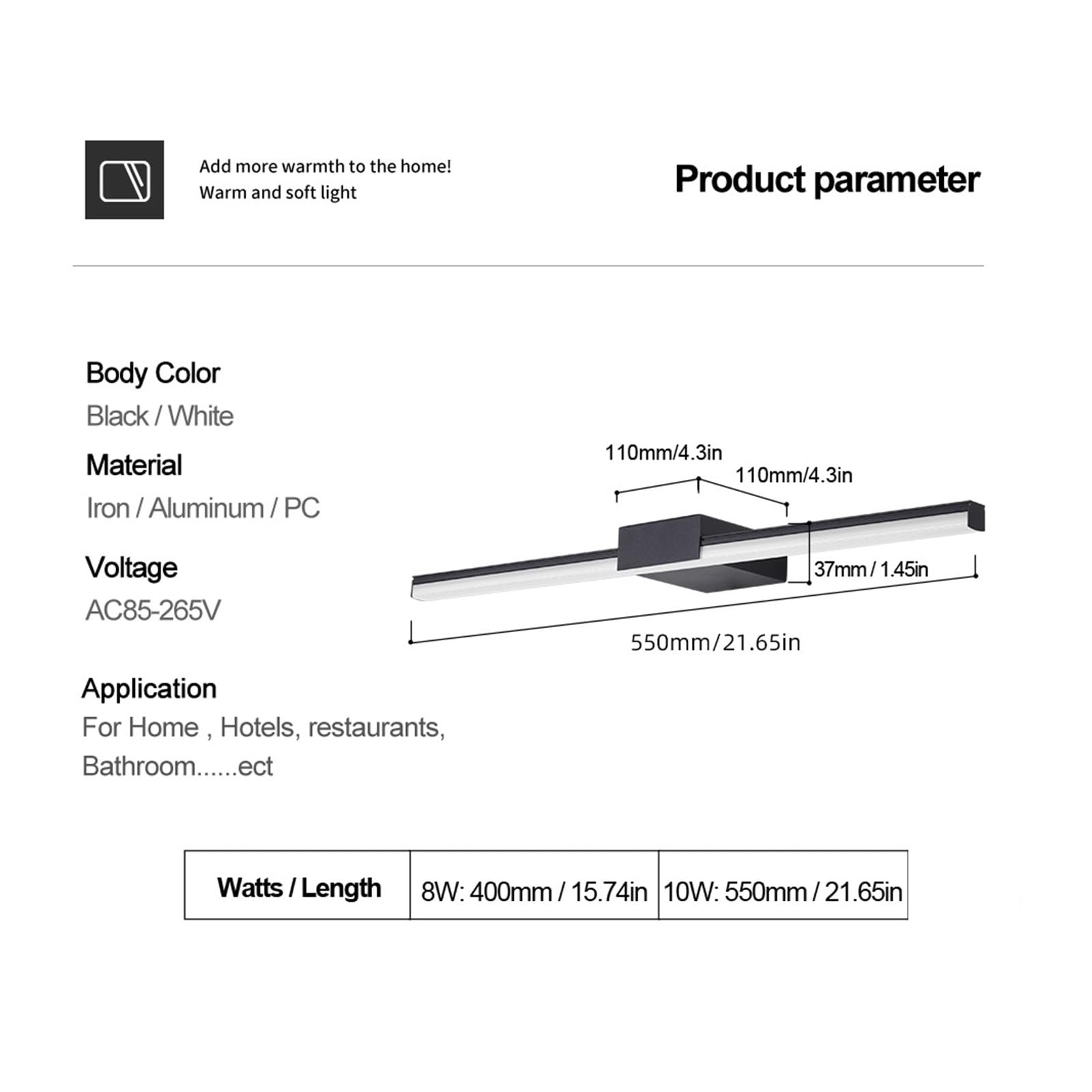 Oświetlenie obrazu, Kinkiet Led łazienka Vanity Light 40cm 55cm AC85-265V, wewnętrzne nowoczesne kinkiety ścienne lustrzane oświetlenie ścienne czarny biały(55CM 10W,5500 7000k)