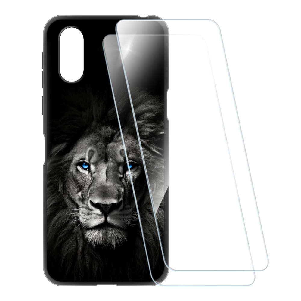 Printed Case + 2 Pack Screen Protectors Compatible with Sharp Basio Active, Shockproof Pattern Soft Cover and HD Clear Tempered Glass Film (Lion 2)
