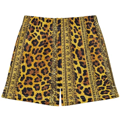 Leopard Print Girls Athletic Lounge Shorts with Gold Border Cute Summer Pajama Sleep Shorts for Teens Kids, X-Small