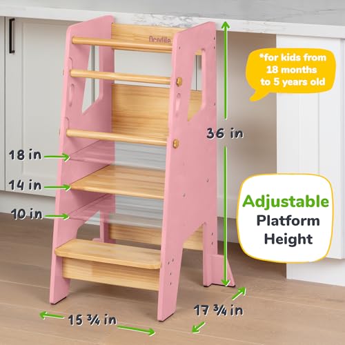 Toddler Standing Tower - Adjustable Height Toddler Kitchen Stool Helper - Ideal Kids Kitchen Step Stool for Learning New Skills - Updated Design with Safety Feet - Pink