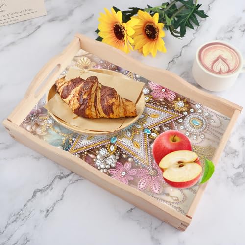 Image of DIY Diamond Art Tray with Handle Diamond Art Painting Plate Creative Design Handmade Wooden Tray Mosaic Making Kits by Number Kits Diamond Art for Coffee Living Room Home Organizer (Five-Pointed Star)