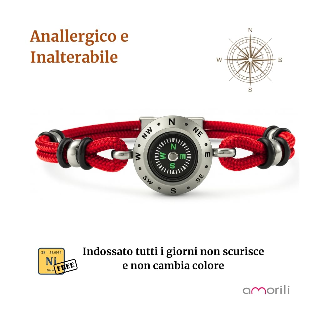Bracciale Uomo Bussola Rosa dei Venti in Acciaio Inox e Corda | Stile Nautico Marinaro | Accessorio Elegante e Sportivo | Idea Regalo per Amanti del Mare