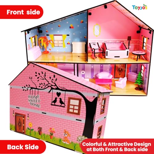 Image of Girls Wooden 2 Storey Dollhouse | Kids DIY Pretend Playset with Moveable Furniture and Multiple Sticker Sheets | Birthday Gift Playhouse for Children (Pink, Age 3-10 Years)