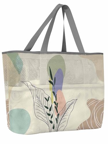 Mesh Beach Bag Oversized Tote Bags for Women Mid Century Boho Leaves Abstract Geometric Large Travel Pool Bags