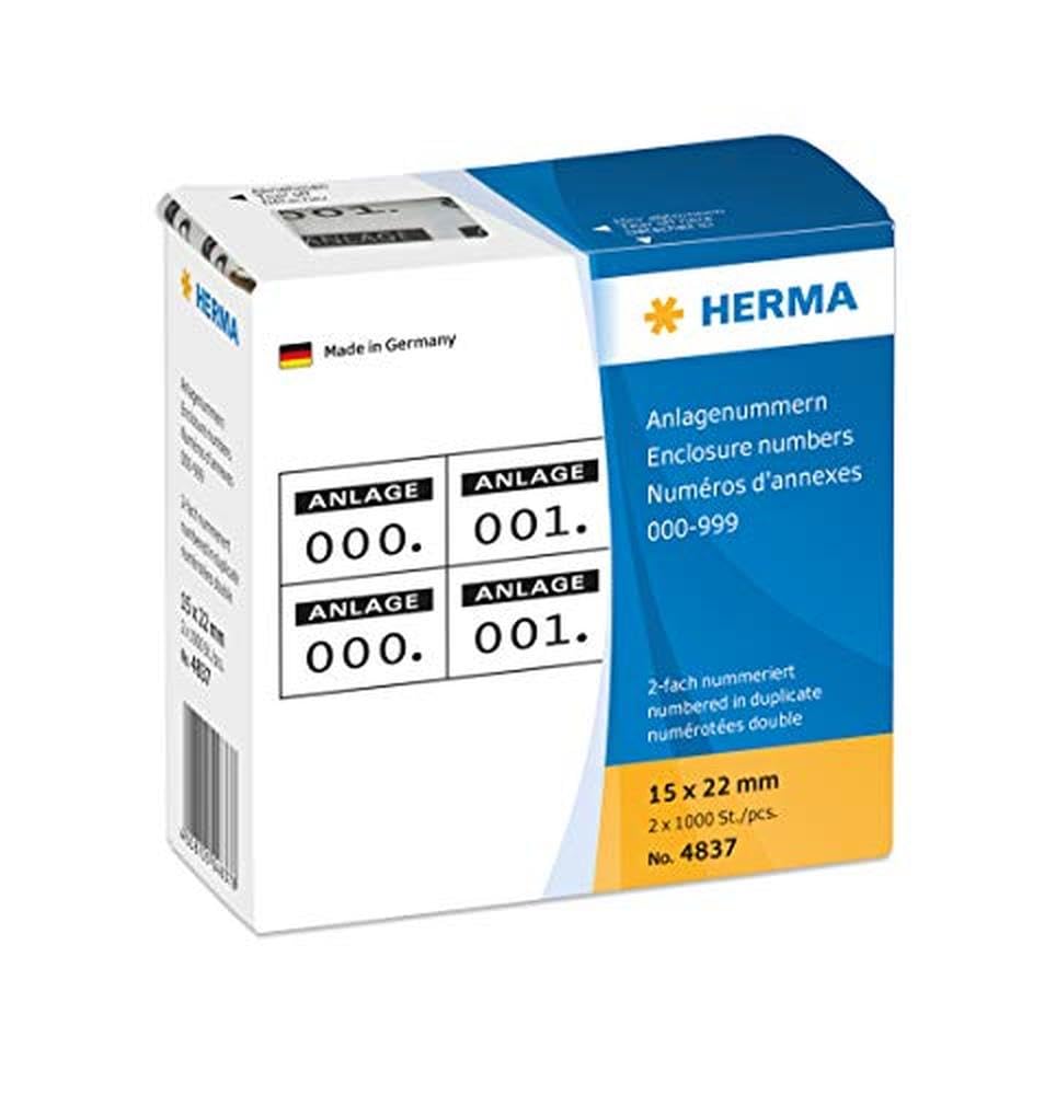 HERMA Number Labels 0-999, Double, 2000 Pieces, 22 x 15 mm, Self-Adhesive, Matte, Double Sequential Paper Number Labels, Asset Numbers in Dispenser Box, Schwarz