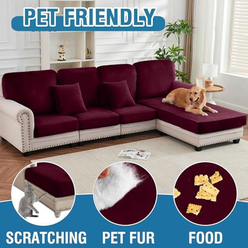 Image of Couch Cover 6-Piece Elastic Velvet Couch Cushion Covers & Chaise Slipcovers for L-Shaped Sofas, Sofa Seat Covers Washable, Soft Cover for Couches (5 Seater + Chaise, Wine)