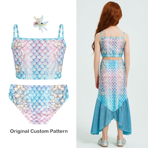 Mermaid Girls Bathing Suit 3Pcs Sequin Top, Bikini Bottoms Fish Tail Swimsuit Kids Beach Pool Swimwear 3-12Y4