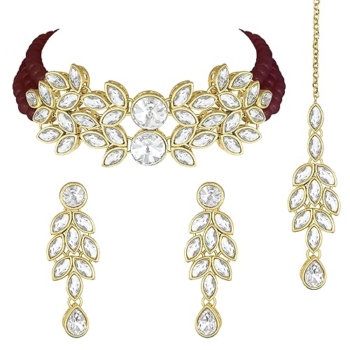 Image of Peora Gold Plated Bridal Crystal Pearl Choker Necklace with Drop Earrings Traditional Jewellery Set for Women