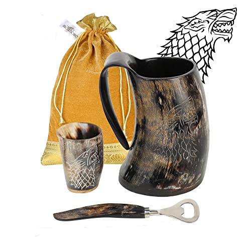 MENTHOME Viking Horn Mug - 100% Authentic Game of Thrones Medieval Norse Style Polished Drinking Mug With Shot Glass | Bottle Opener | Gift for Men & Women | 20 Oz