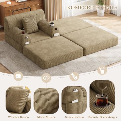 Sofá cama modular ajustable de pana caqui con taburete y función tumbado Boneless 5