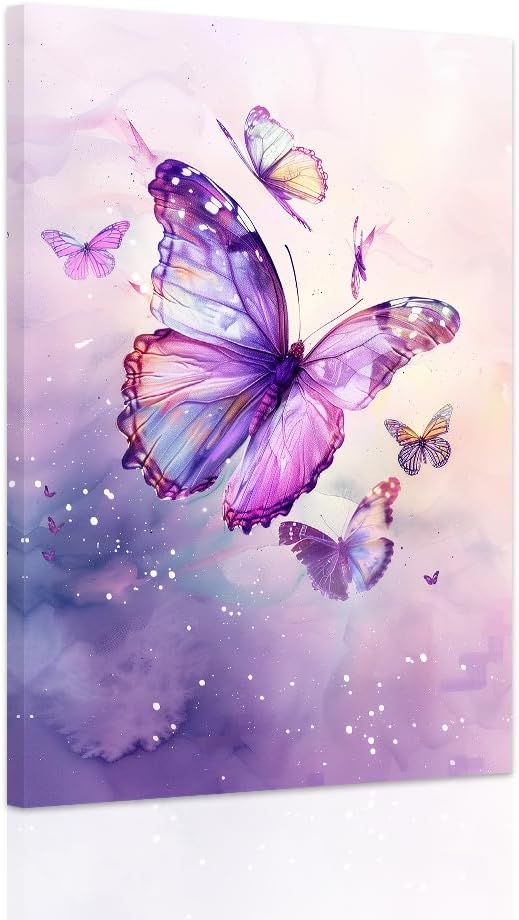 SWQYLB Butterfly Wall Art Butterflies Canvas Pictures Girls Bedroom Decor Butterfly Living Room Bathroom Home Decor Framed (16L x24W)