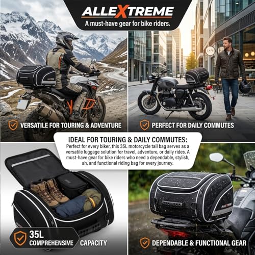 Image of Allextreme 35L Motorcycle Tail Bag Lightweight Multi-Pocket Biker Storage with 4 Point Mounting System YKK Pullers Zippers & Removable Strap for All Motorcycles (Pack of 1 Black)