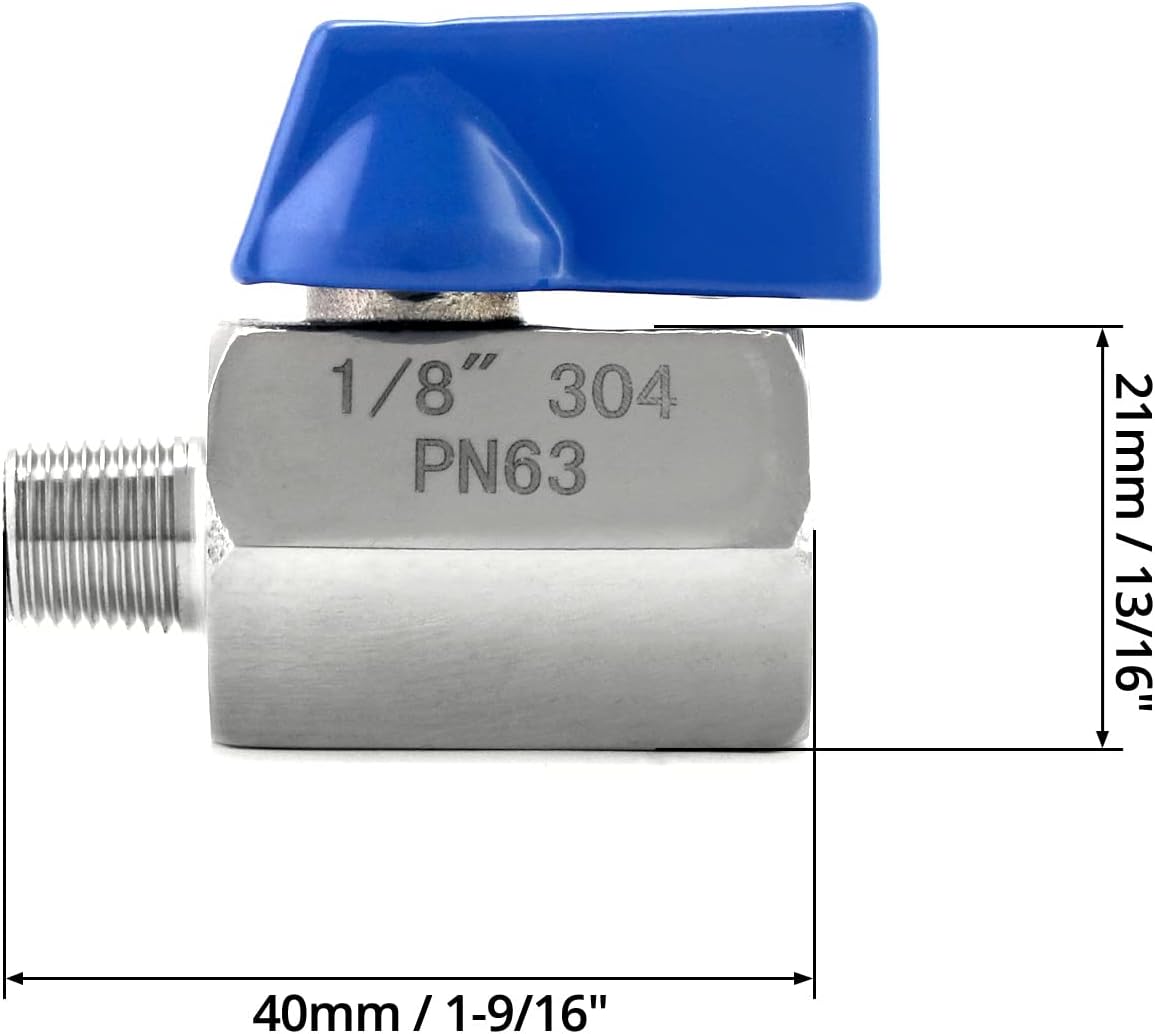 QWORK Stainless Steel Mini Ball Valves with 1/8" NPT Threaded, Pack of 2 Mini Ball Valves Male and Male Threads
