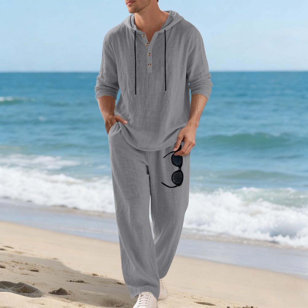Homme Ensemble en Lin 2 Pièce Chemises T-Shirt à Capuche Hoodie à Manches Longues et Pantalons Ensembles Décontracté Mode Survêtement