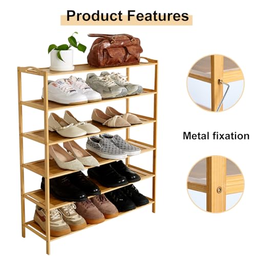 KJDFHNB 6 Tier Bamboo Shoe Rack for Closet, Free Standing Shoe Racks, Stackable Shoes Rack Organizer, Bamboo Wood Shoe Rack for Entryway and Closet Hallway (27.5