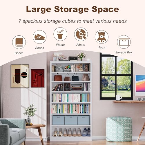Image of Metal DVD Storage Cabinet, 7 Tier Tall Media Storage Shelf with Adjustable Shelves, Freestanding CD & DVD Rack Tower Bookshelf for Living Room, Home Entertainment,White