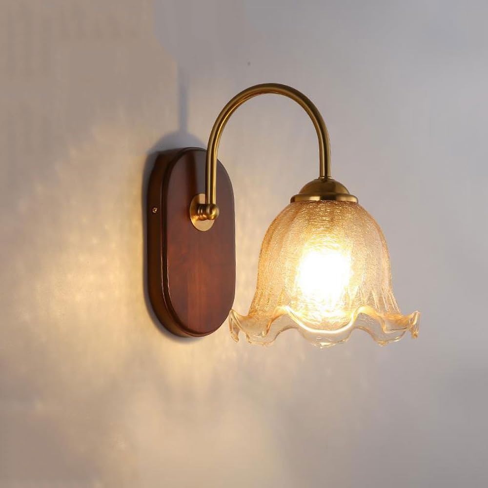 SXECAEPS Wall Sconces Retro Flower Amber Glass Gold Mid Century Modern Fixture Hardwired Gooseneck Wood Farmhouse Lamp for Bedroom Living Room Bathroom