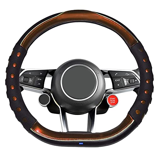 Image of NIKAVI Fashion Steering Wheel Cover - Brown Color | Size - Medium | Diameter 38 cm | D-Type | Car Steering Wheel Protector, Anti-Slip, Stylish Leather Finish Grip Cover for Flat Bottom Wheels