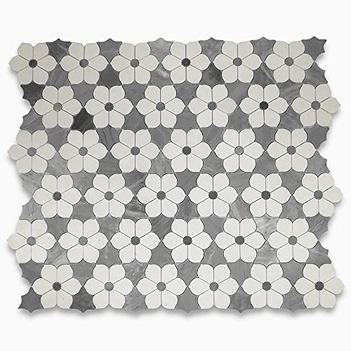 Stone Center Online Thassos White Marble Magnolia Flower Mosaic Tile W/ Bardiglio Gray Honed Kitchen Bath Wall Floor Backsplash Shower (1 Sheet) #TOP3