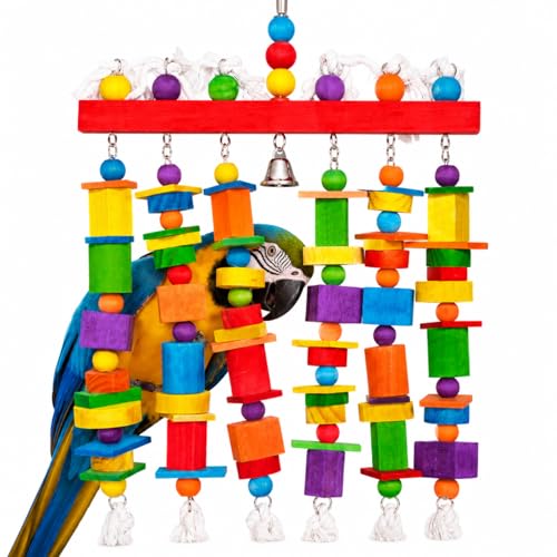 Extra Large Bird Toys for Macaws African Greys Cockatoos 21.6 x 13 Heavy Duty Parrot Chewing Toy with Durable Stainless Steel Chain & Natural Wood Blocks Large Bird Cage Accessories with Bell