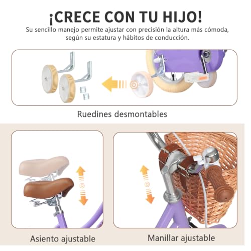 Miniatura 3 de Glerc 12 Pulgadas Bicicleta Infantil Estilo Retro Vintage Para Niñas De 2 3 4 Años Con Ruedas De Entrenamiento, Cesta Y Timbre, Violet