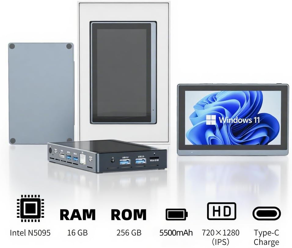 Mini PC Computer Mini Desktop Computer PC with 5.5" Touchscreen Display, N5095, 16GB Ram 256GB ROM, Win11 Pro, Dual Output HDMI 2,0 & Type-C3.1, 5000mAh Battery, WiFi5,0, WOL RJ-45