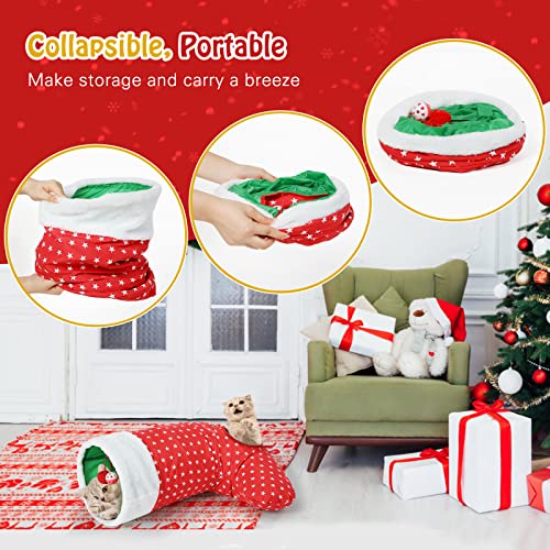 Image of Pawaboo Cat Tunnel Christmas Sock with Bell Balls, Upgraded 2 Way Cat Tunnel Interactive Toy for Christmas, Pet Xmas Stocking with Crinkle Paper & Strong Spring-Steel Frame for Cat Kitten Kitty, Red