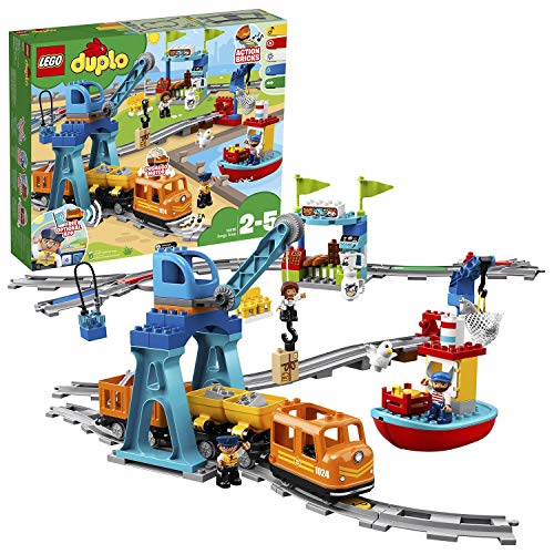 LEGO 10875 DUPLO Güterzug, „Push & Go“-Lok mit Lichtern und Geräuschen, Funktionssteinen und 2 Kranen, Spielzeug für…
