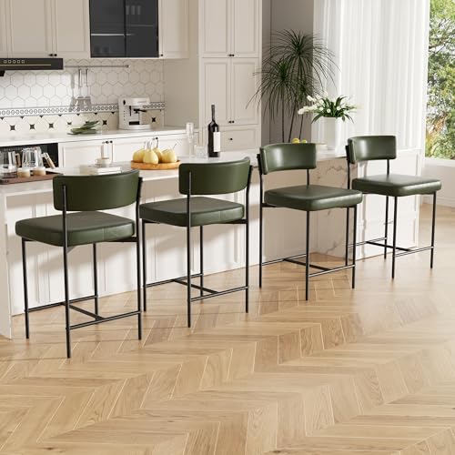 Image of Bar Stools Set of 4, Faux Leather Counter Height Barstools with Curved Back, 25 Inch Upholstered Bar Chairs, Modern Counter Stools for Kitchen lsland, Green