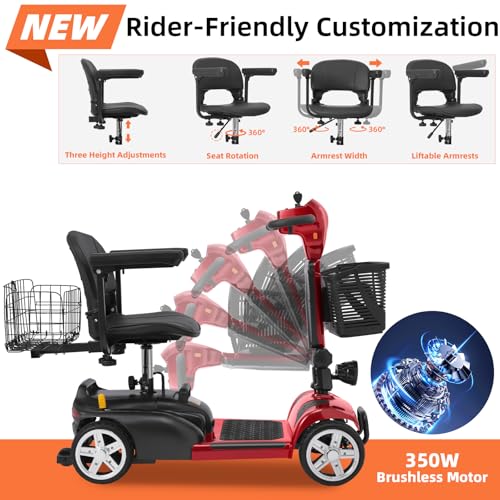 15/30 Miles 4 Wheels Mobility Scooter for Adults&Seniors Up to 300LBS, 350W Electric Wheelchair Device w/Extended Battery, Bright Taillights,Dual Baskets, Rotating Seat, USB Charging