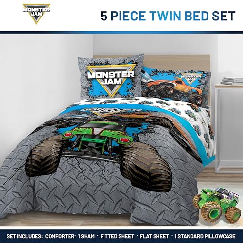 Image of Monster Jam Twin Comforter Set 5 Piece Kids Sports Bedding for Boys, Gray