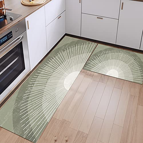 Fchen Art 2Pcs Of Boho Bedroom Rug Sun Ray Area Rugs Runner Rug Olive Green Abstract Large Area Rugs Non Slip Bathroom Rugs Kitchen Runner Rugs Living Room Rugs For Laundry Nursery Kids Room Entryway #TOP4