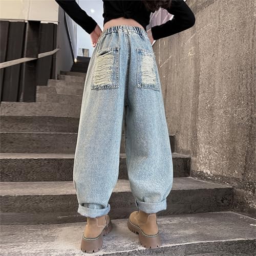 Girls Ripped Jeans Elastic Waist Denim Baggy Pants Wide Leg Straight Distressed Jeans with Pockets Streetwear Clothes4