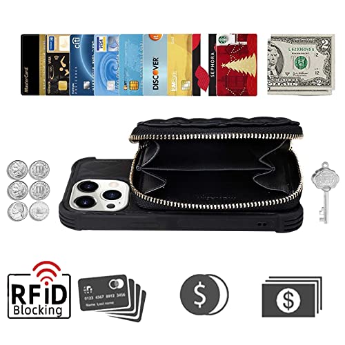 MONASAY Zipper Wallet Case Fit for iPhone 14 Pro Max, 6.7in [Glass Screen Protector ][RFID Blocking] Flip Leather Handbag Phone Cover with Card Holder & Crossbody Lanyard Strap, Black