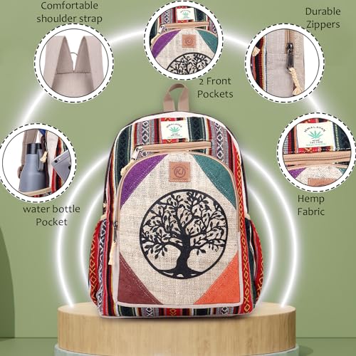 Natural-Handmade-Large-Multi-Pocket-Hemp-Nepal-Backpack-Tree-Of-Life