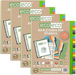 eco-eco A4 50% Recycled Multipunched Reinforced Colour Recycled Set 24 A-Z Wide Index File Dividers 200mic (Pack of 4), eco031x4, Multicolour