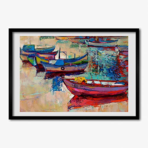 Tableau moderne bateaux colorés avec cadre bois Tulup 70x50 cm