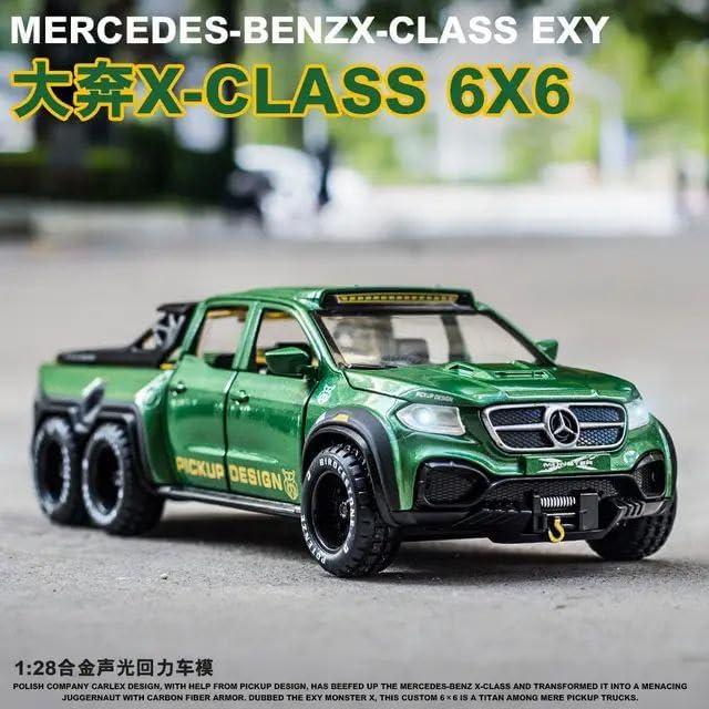 Image of 1:28 Pickup X-Class Model Car Diecast Zinc Alloy Pull Back Toy with Sound & Light Realistic Design Durable Kids Toy for Boys & Girls Collectible Gift 3+ Years (Green)