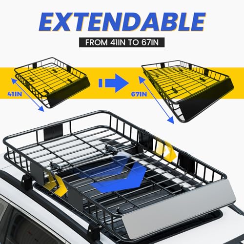 ECOTRIC 67" x 39" x 5.1'' Universal Roof Rack Cargo Carrier Basket with Extension Heavy Duty Steel Car SUV Top Luggage Storage Holder Basket for Travel 550LBS Weight Capacity