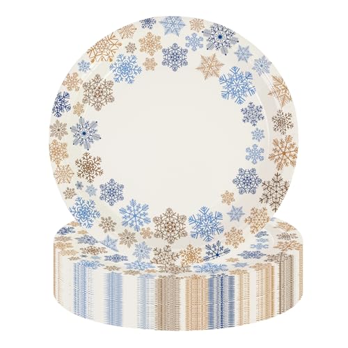 Lot de 50 assiettes en carton jetables élégantes en forme de flocon de neige pour Nouvel An, anniversaire, remise de diplôme, mariage, fête prénatale (22,9 cm)