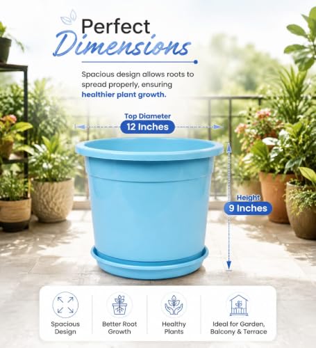 Image of 12 Inch Glossy Plastic Planter with Bottom Plate | Heavy Duty Flower Pot with Tray for Indoor Home Decor, Balcony, Living Room & Outdoor Garden (6 Pot, Ocean Blue)