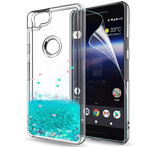 LeYi for Pixel 2 Case,Google Pixel 2 Case with HD Screen Protector for Girls Women, Cute Bling Shiny Moving Quicksand Liquid Glitter TPU Protection Phone Case for Google Pixel 2 (2017) Turquoise