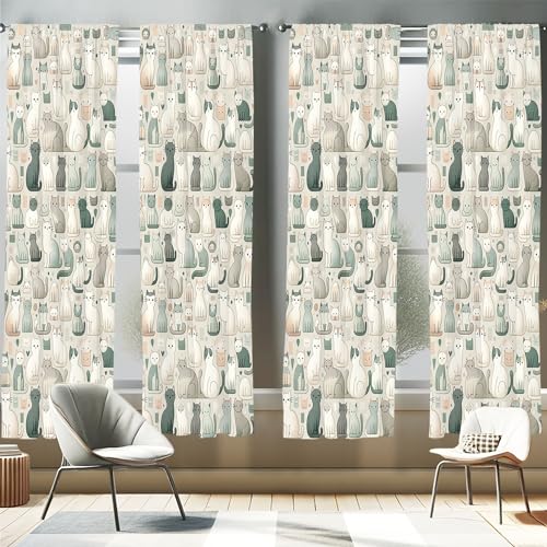 ABAKUHAUS Gatti Tenda a Pannello Set di 2, Mondo di gattino cartone animato moderno, Trattamento della Finestra per Stanza e Camera da Letto, 4 Stück 75 cm x 245 cm, Cadetto Blu Grigio Chiaro Teal