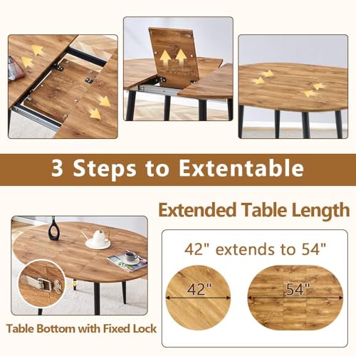 Image of FURNITO Round Dining Table Set for 6, 42 inch-54 inch Round to Oval Extendable Table with 6 Suede Upholstered Chairs, Space-Saving Wood Dining Room Table Set for Small Apartments or Kitchens, Easy Assembly
