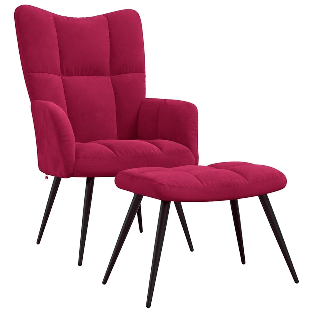 Sillón de relax con taburete de terciopelo, color rojo vino | Elegante sillón con reposapiés para dormitorio y rincón de lectura. Acolchado de espuma gruesa en marco de acero.
